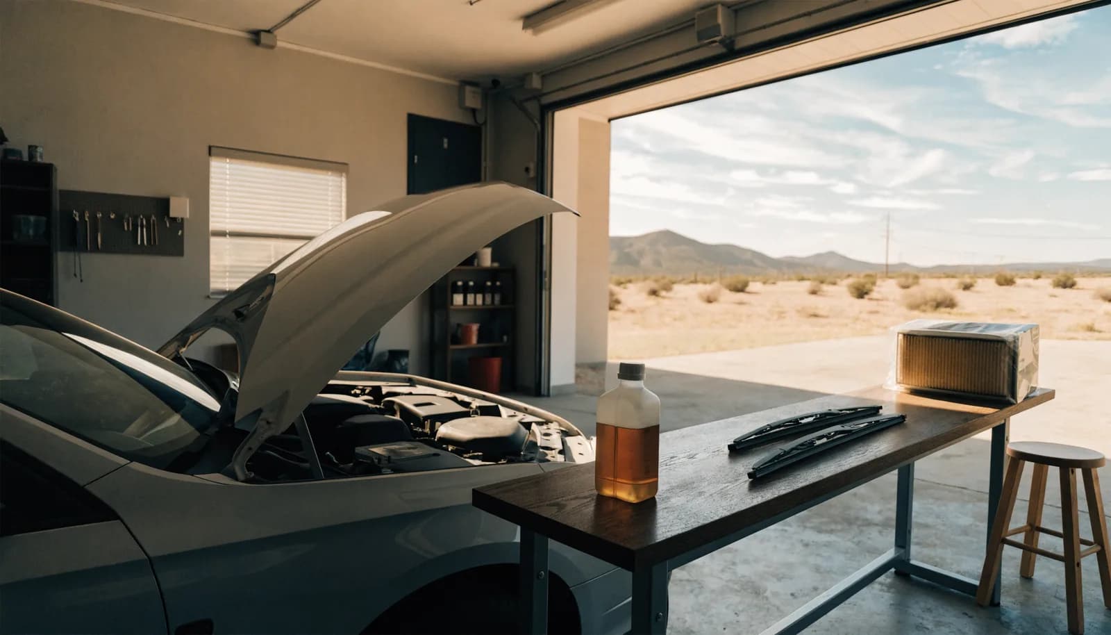Open car hood in a home garage with a boxed air filter, wiper blades, and a bottle of fluid on a workbench, desert landscape outside