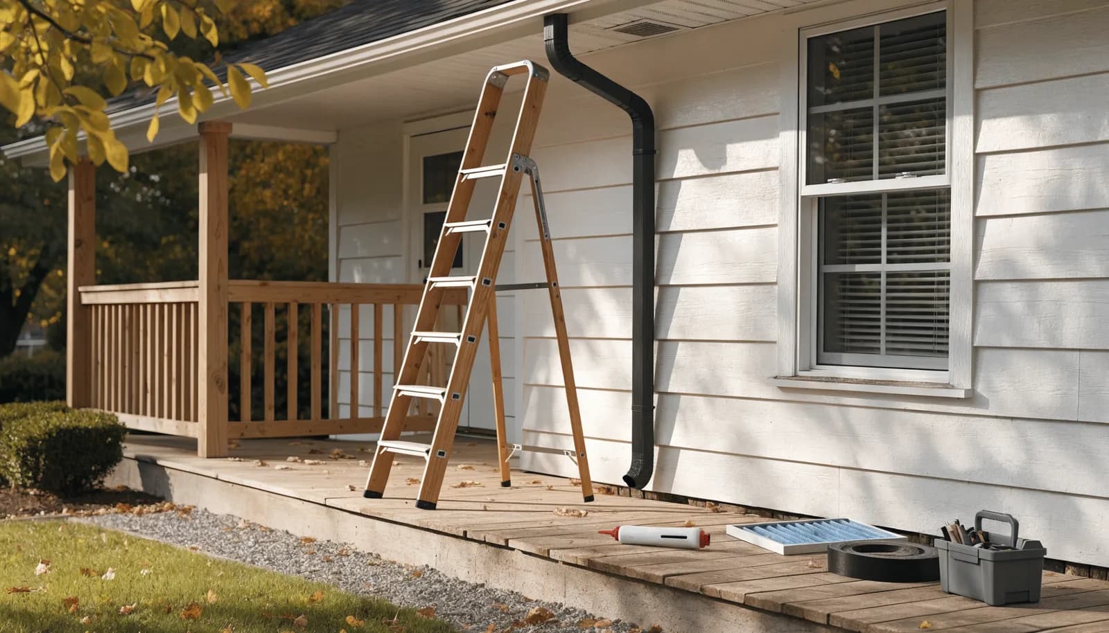 Home exterior in autumn with a step ladder at the eaves and maintenance supplies laid out on the porch in daylight