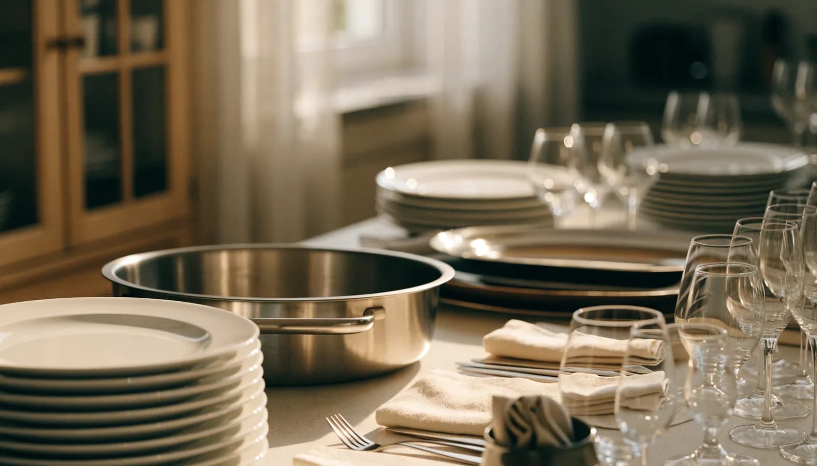 Kitchen counter set up for holiday hosting with stacked plates, a roasting pan, serving platters, and glassware in daylight