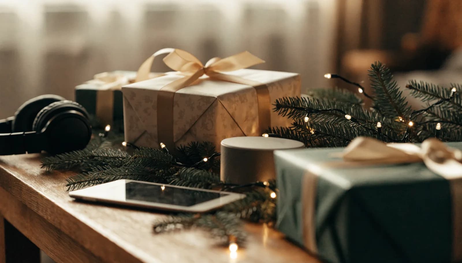 Wrapped tech gifts, headphones, and a tablet arranged on a table with warm holiday lights