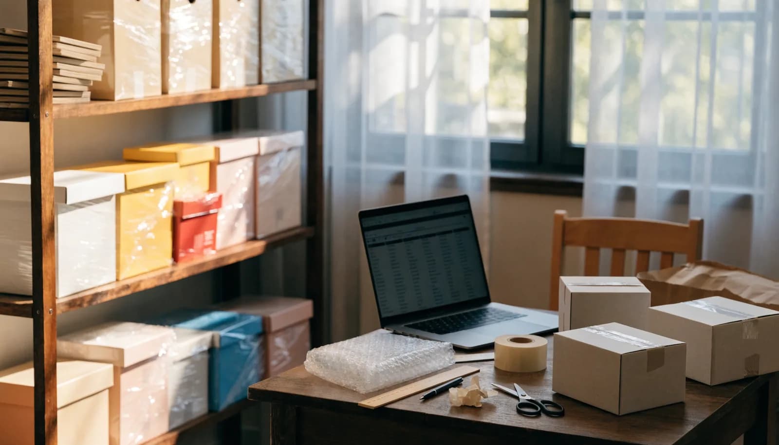 Home reseller workspace with boxed products, packing supplies, and a laptop showing a listing