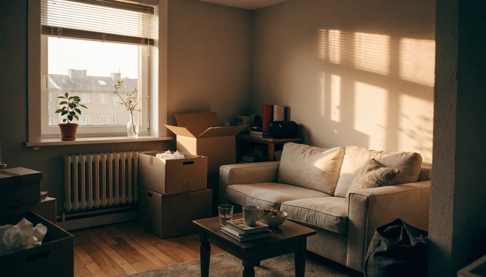 Cozy freshly furnished first apartment living room with a sofa and moving boxes in warm light