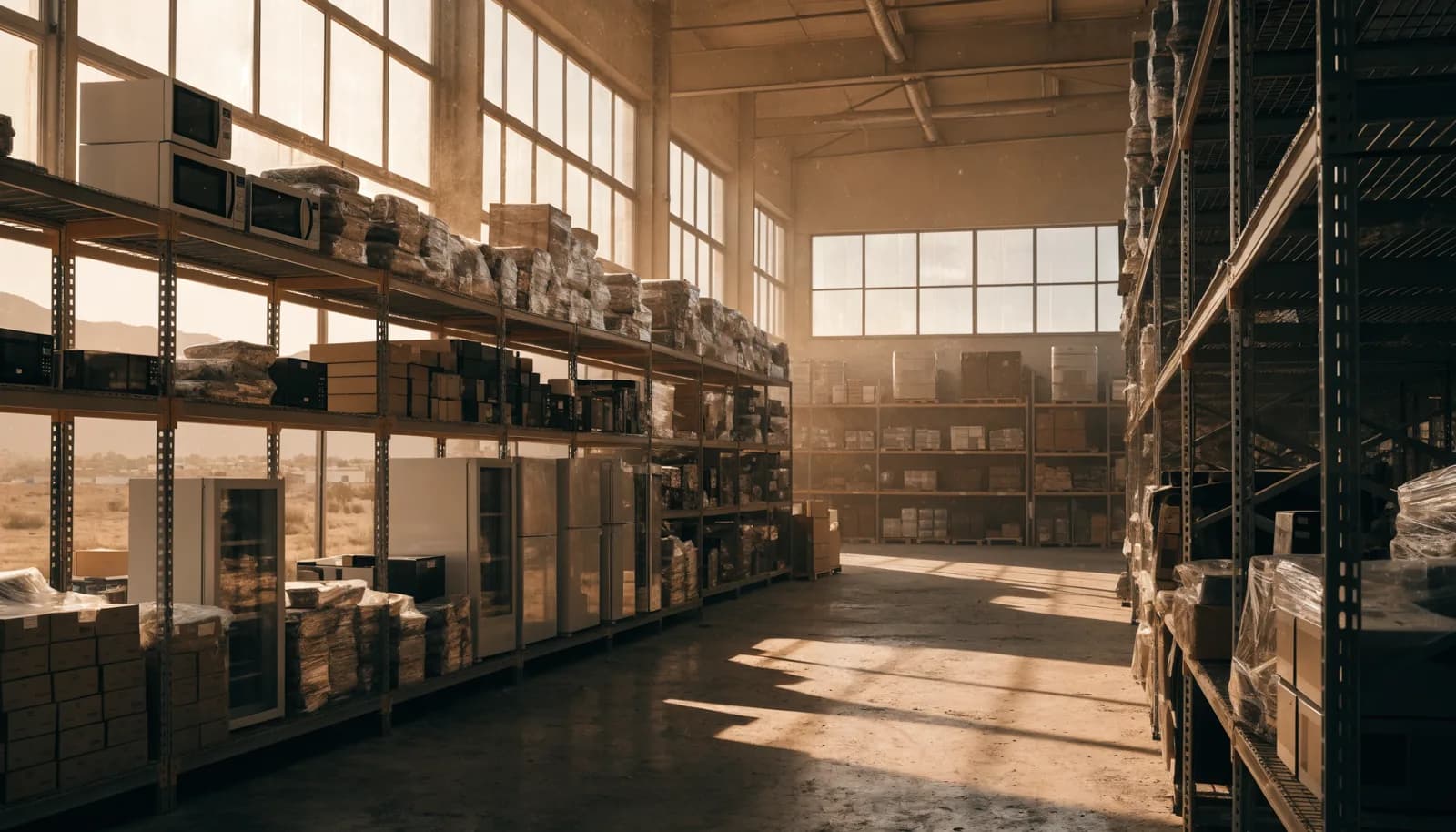 Spacious well-lit liquidation warehouse interior with tall shelves of home goods in the Las Vegas metro