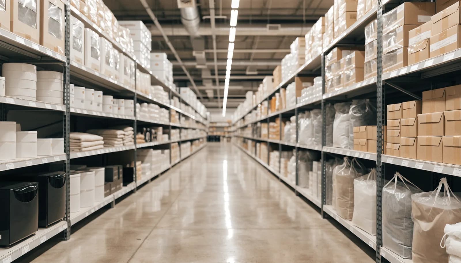 Bright discount warehouse aisle with neatly arranged home goods on shelves