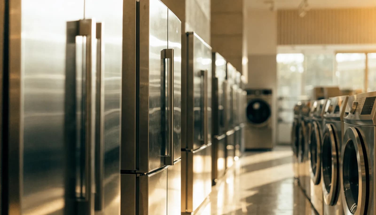 Row of stainless steel scratch-and-dent appliances in a bright warehouse showroom aisle