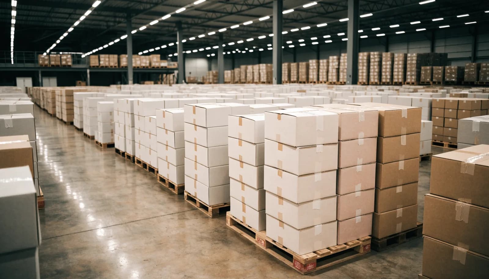 Warehouse sorting area with stacked returned product boxes on pallets under bright lighting